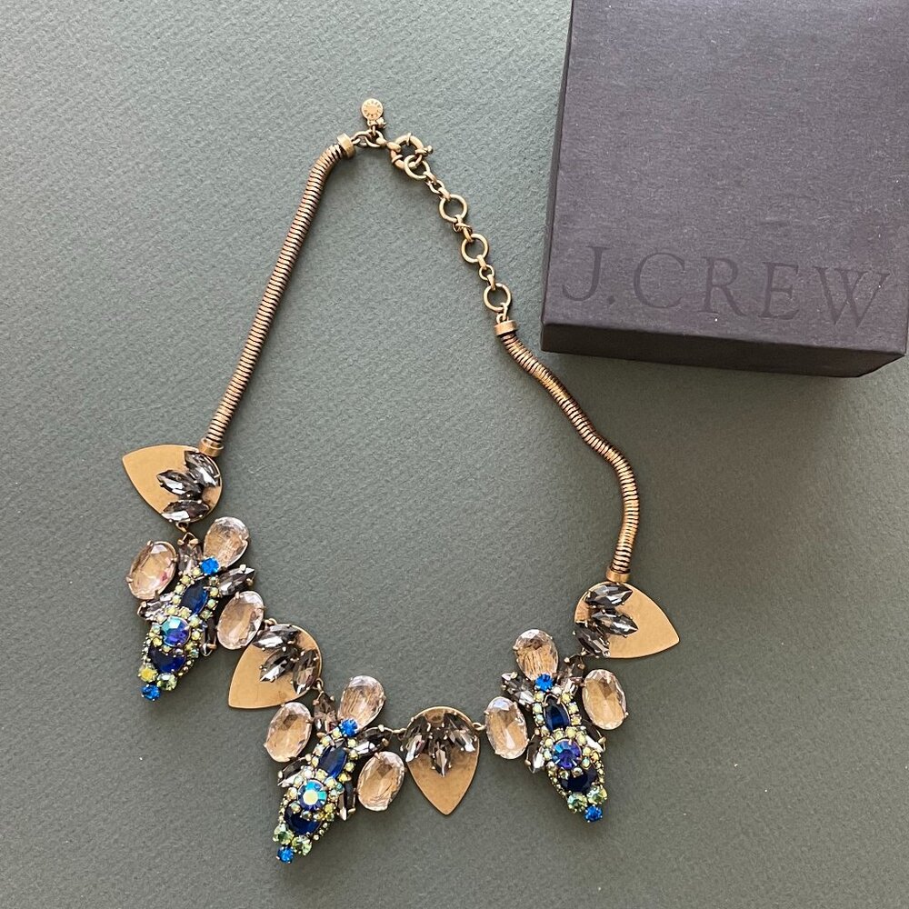 J.Crew Bejeweled Statement Gold Necklace with Blue and Green Rhinestones